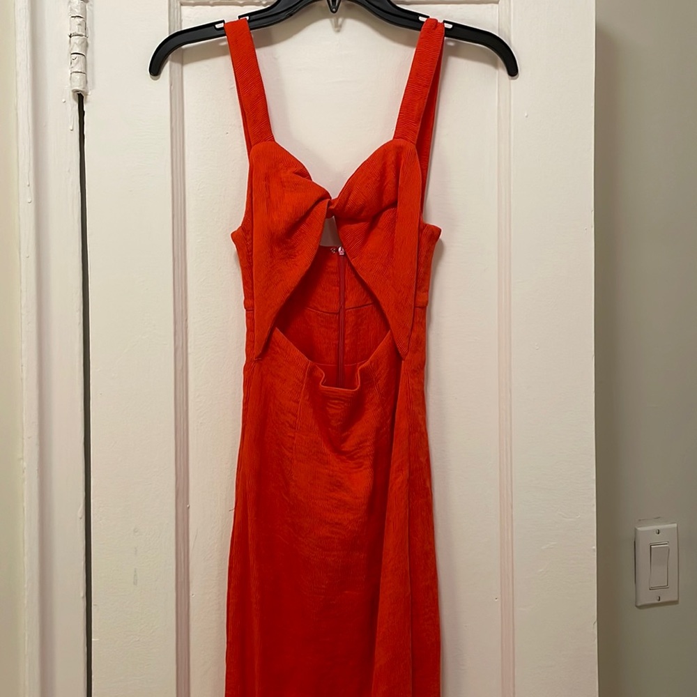 Bobbles and lace orangey red cut out midi dress size XS